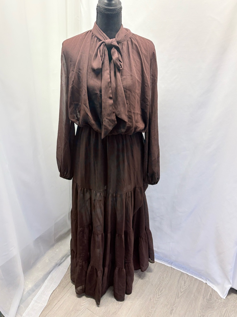 Commense Brown Maxi Dress with Bow Neck - Picture 3 of 9